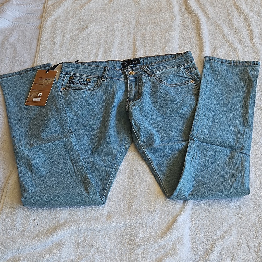 Top Jhon Women's Blue Straight Jeans‎ Stretch Denim 5-Pocket Button Zip